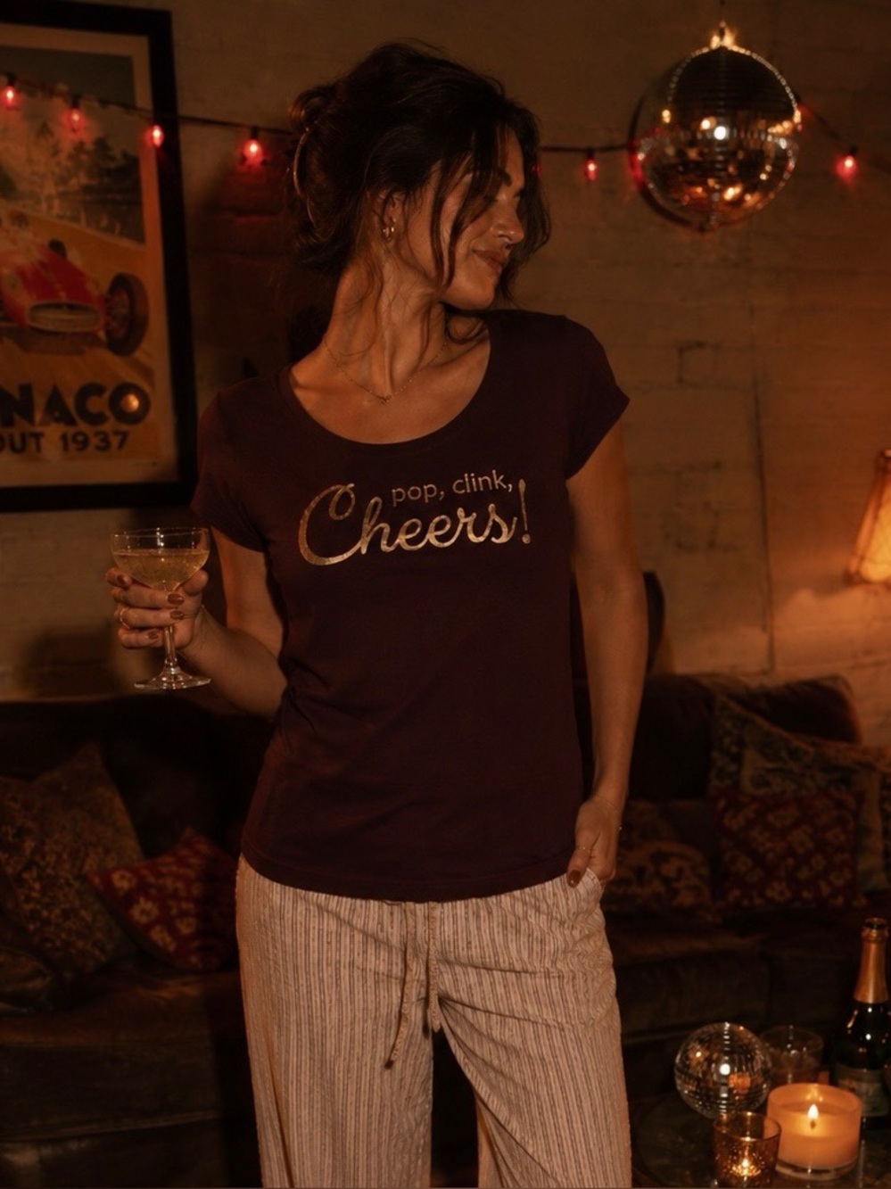 ⚡️ New York & Company Burgundy Tee with Metallic Gold 'Cheers' Graphic Size L